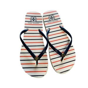 Tory Burch Striped Flip Flops - Navy, and White 10.5 inches